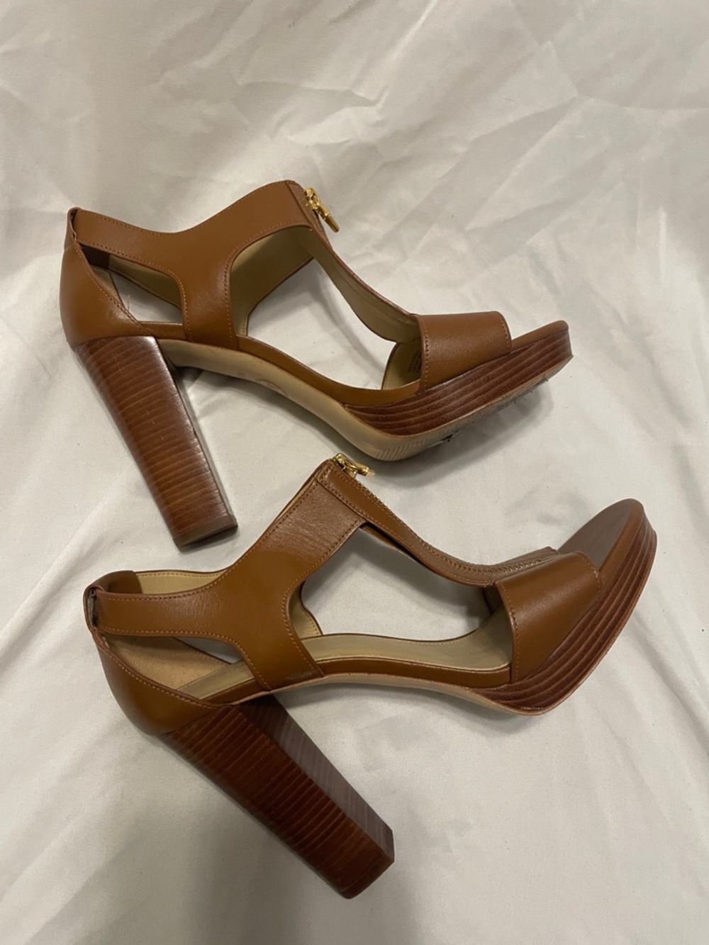 Michael Kors Brown Leather Zip-Front Heeled Sandals